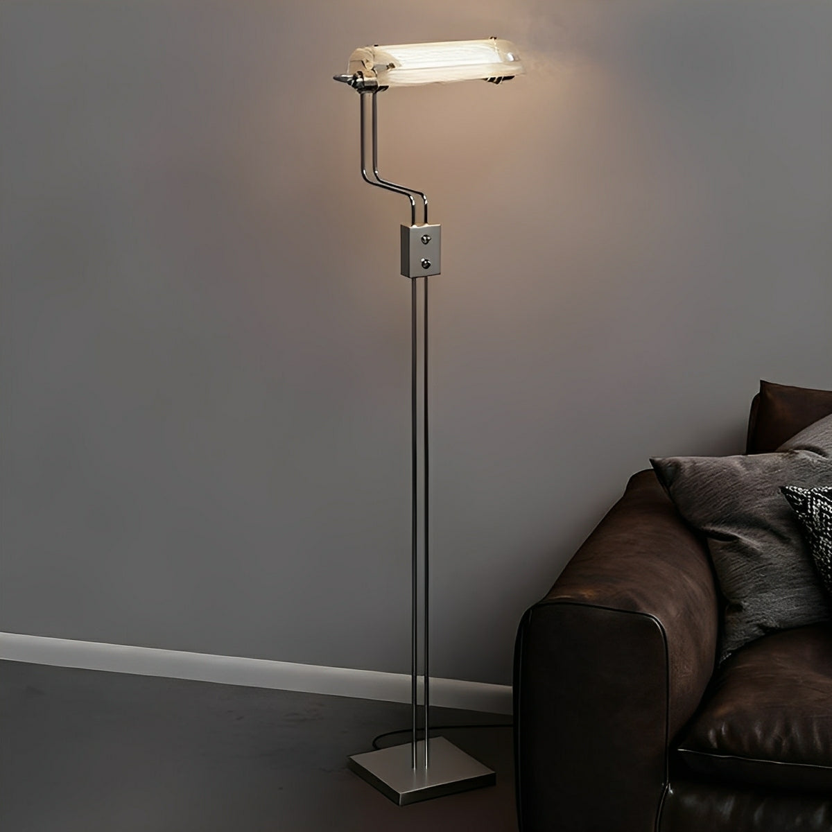 Sculptural minimalist floor lamp in a modern living room