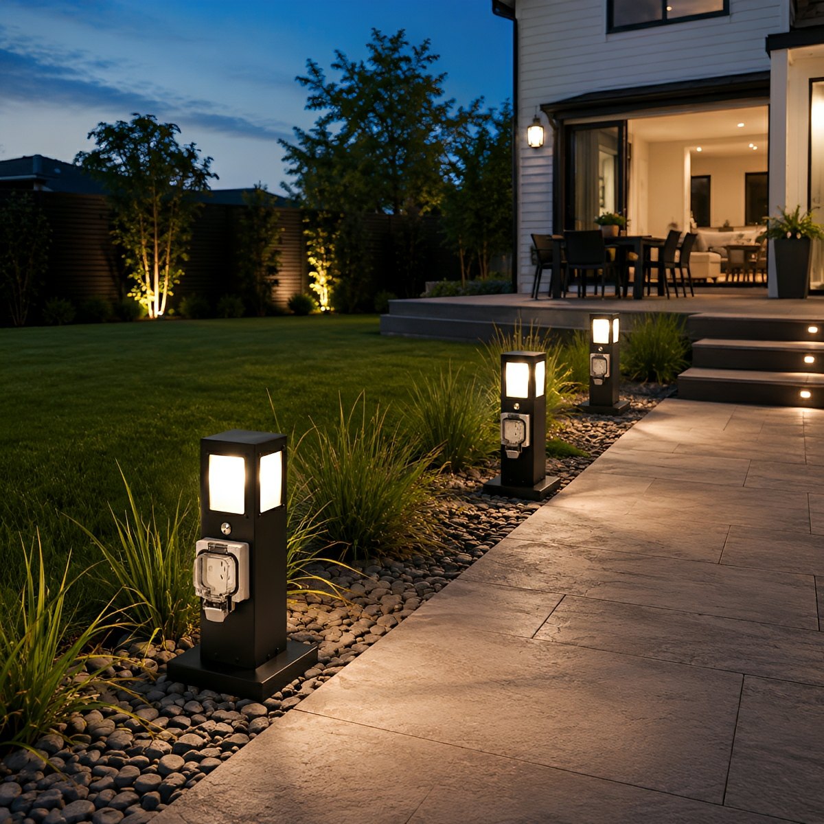 Steel outdoor pathway light with integrated outlet along a walkway