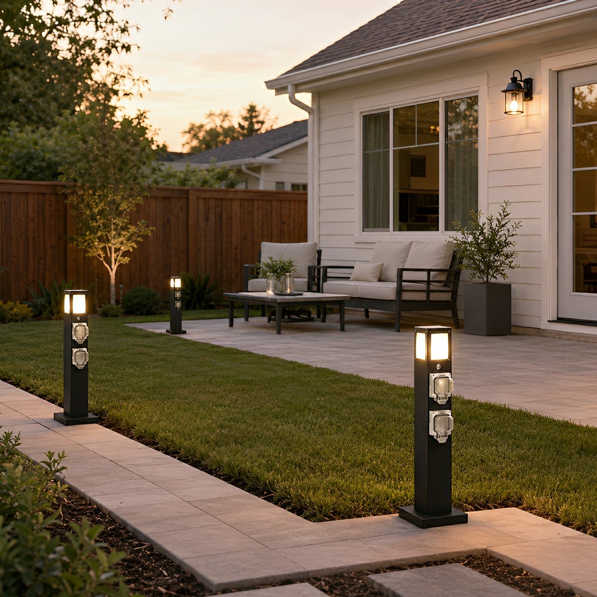 Steel Outdoor Waterproof Pathway Lights with GFCI-Protected Outlet