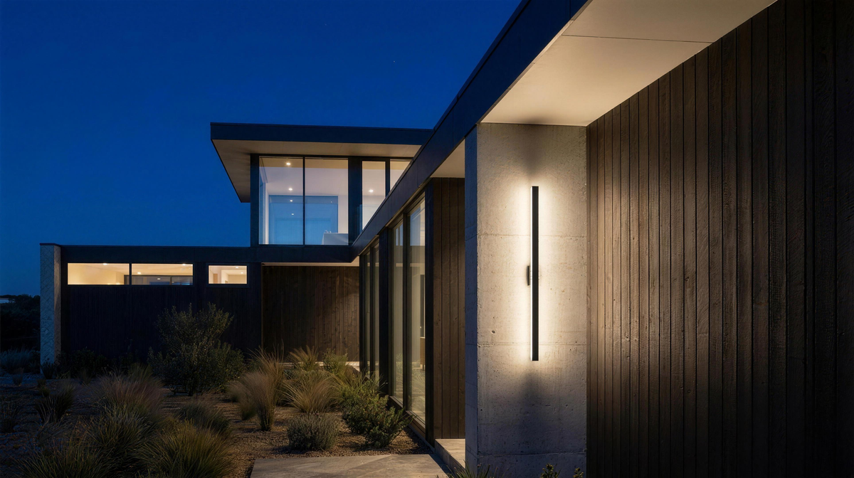 Modern home exterior at dusk with warm linear LED wall sconce glowing on the facade