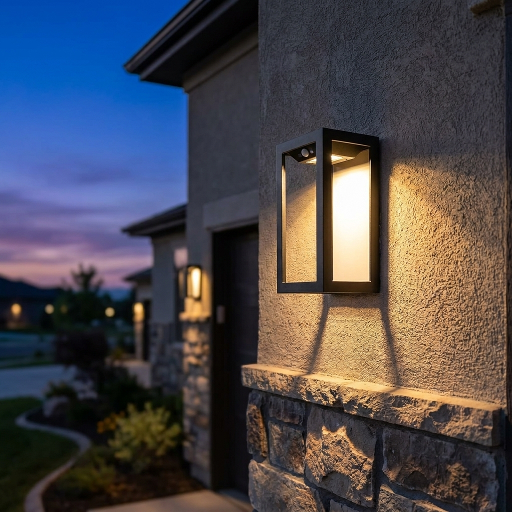 Luxury two-tone outdoor wall lamp mounted on house exterior, glowing at dusk