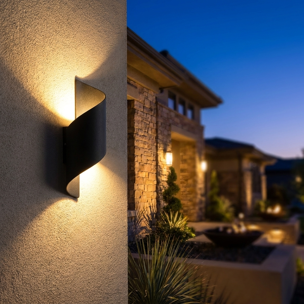 Luxury waterproof LED outdoor wall lamp mounted on house exterior, glowing at dusk