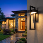 Modern luxury outdoor wall lamp mounted on house exterior, glowing at dusk