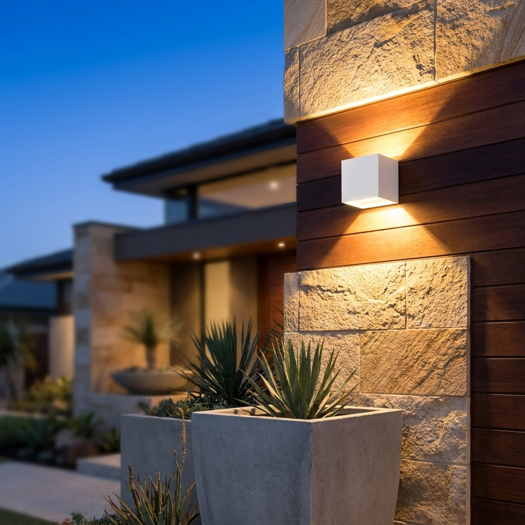 Luxury waterproof outdoor and indoor LED wall lamp mounted on house exterior, glowing at dusk