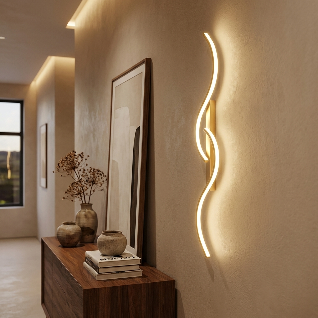Minimalist luxury LED wall light mounted in an elegant home entryway, glowing warmly