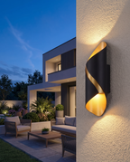 Luxury waterproof LED outdoor wall lamp, close-up dusk exterior detail