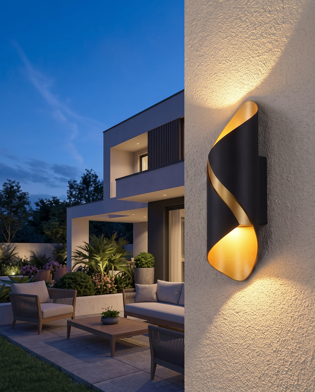 Luxury waterproof LED outdoor wall lamp, close-up dusk exterior detail