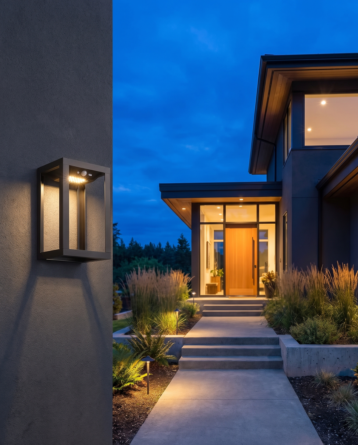Luxury two-tone outdoor wall lamp, close-up dusk exterior detail