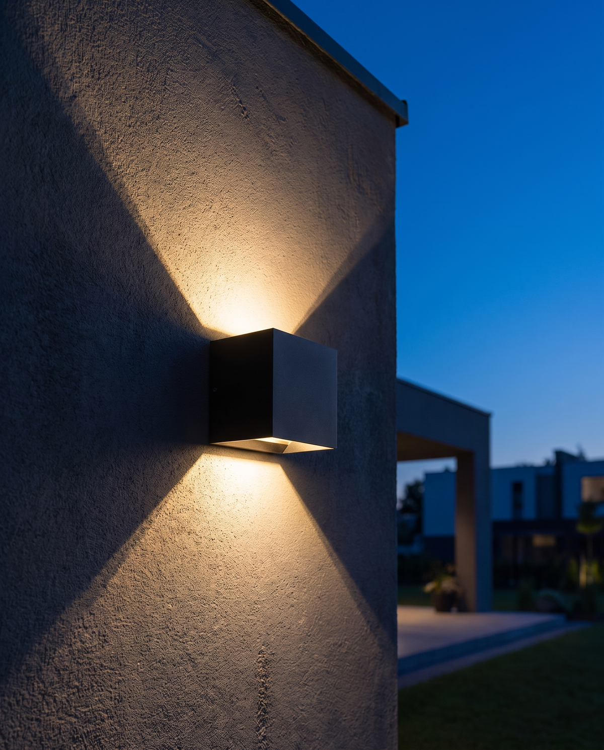 Luxury waterproof outdoor and indoor LED wall lamp, close-up dusk exterior detail