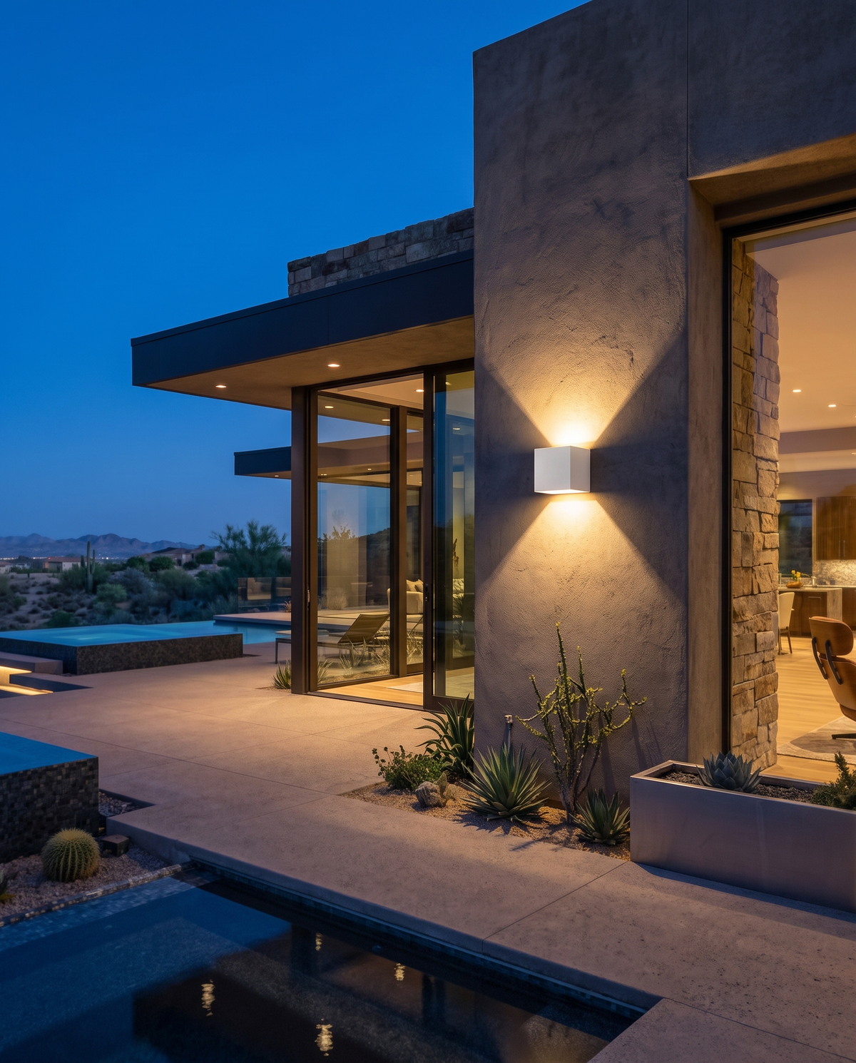 Luxury waterproof outdoor and indoor LED wall lamp, wide dusk entryway shot
