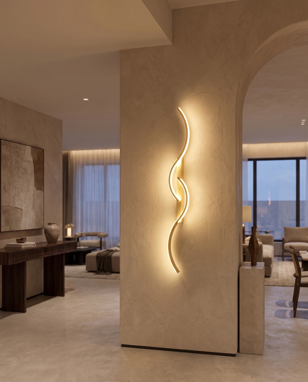 Minimalist luxury LED wall light, close-up entryway detail