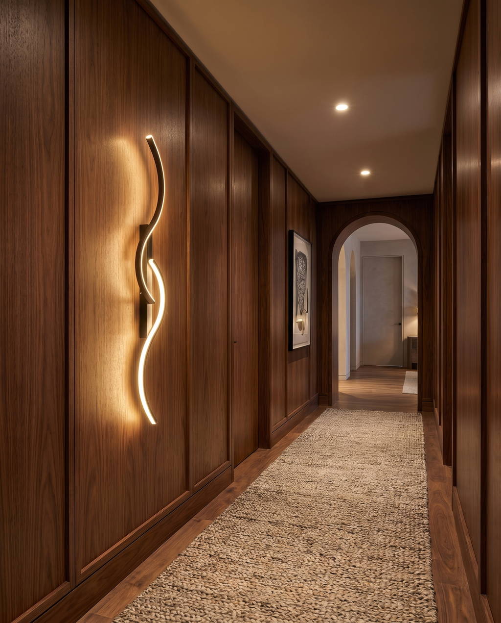 Minimalist luxury LED wall light, wide hallway shot