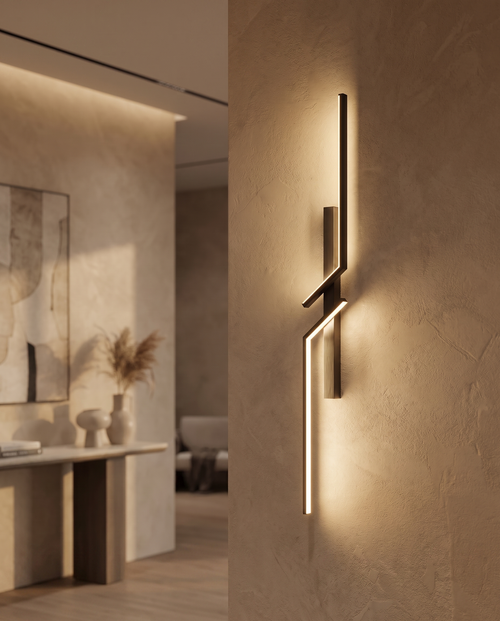 Luxury minimalist LED wall sconce, close-up entryway detail