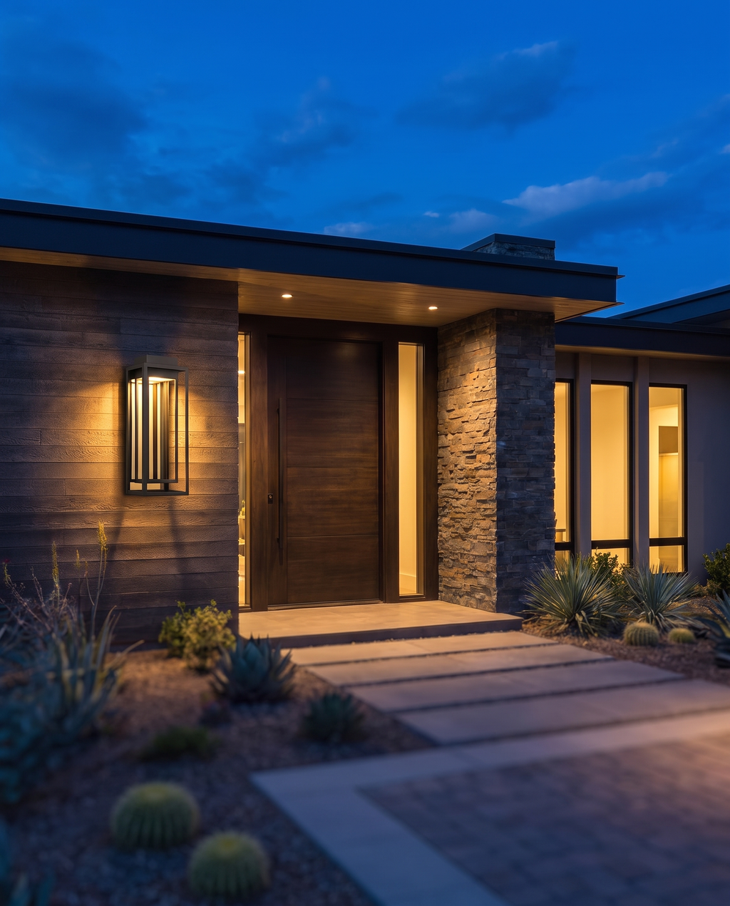 The Grandview Luxe outdoor wall sconce mounted on house exterior at dusk, wide entryway shot