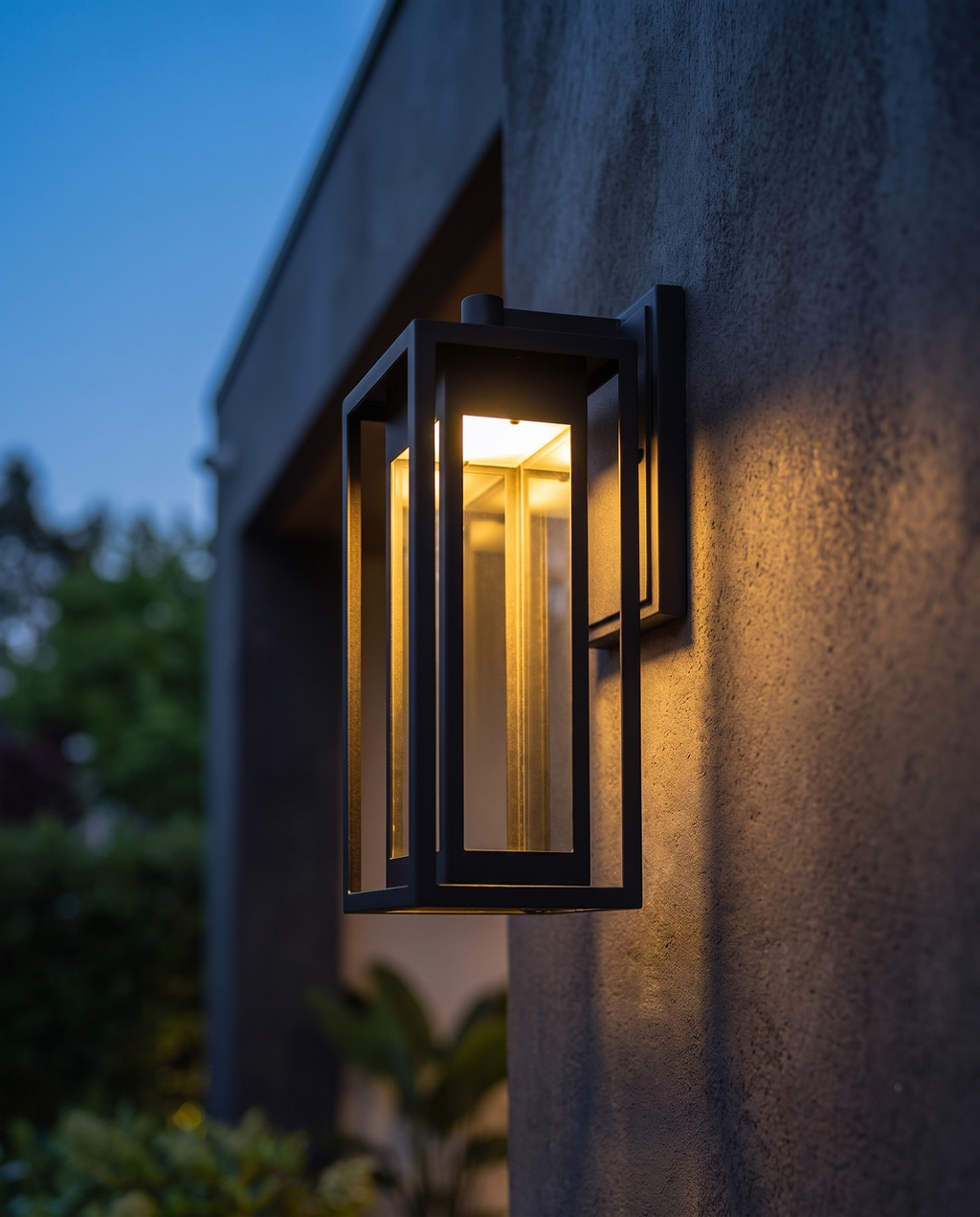 The Grandview Luxe outdoor wall sconce, close-up dusk exterior detail