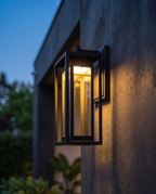 The Grandview Luxe outdoor wall sconce, close-up dusk exterior detail