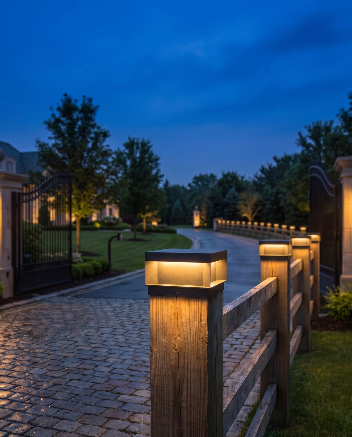 The Monarch Estate Pillar Lantern lining an estate driveway at dusk