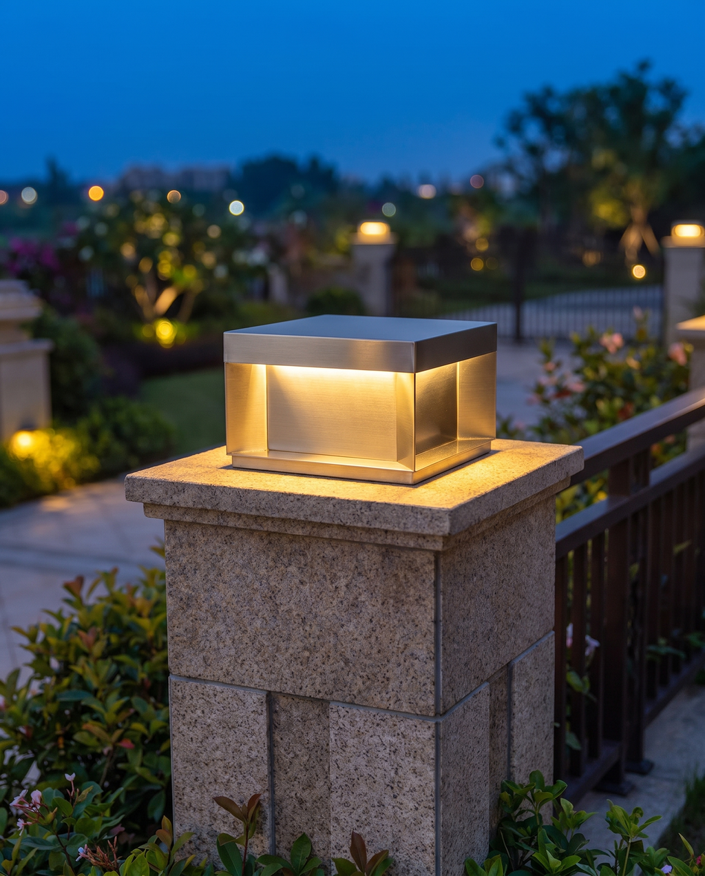 The Monarch Estate Pillar Lantern, close-up dusk garden detail