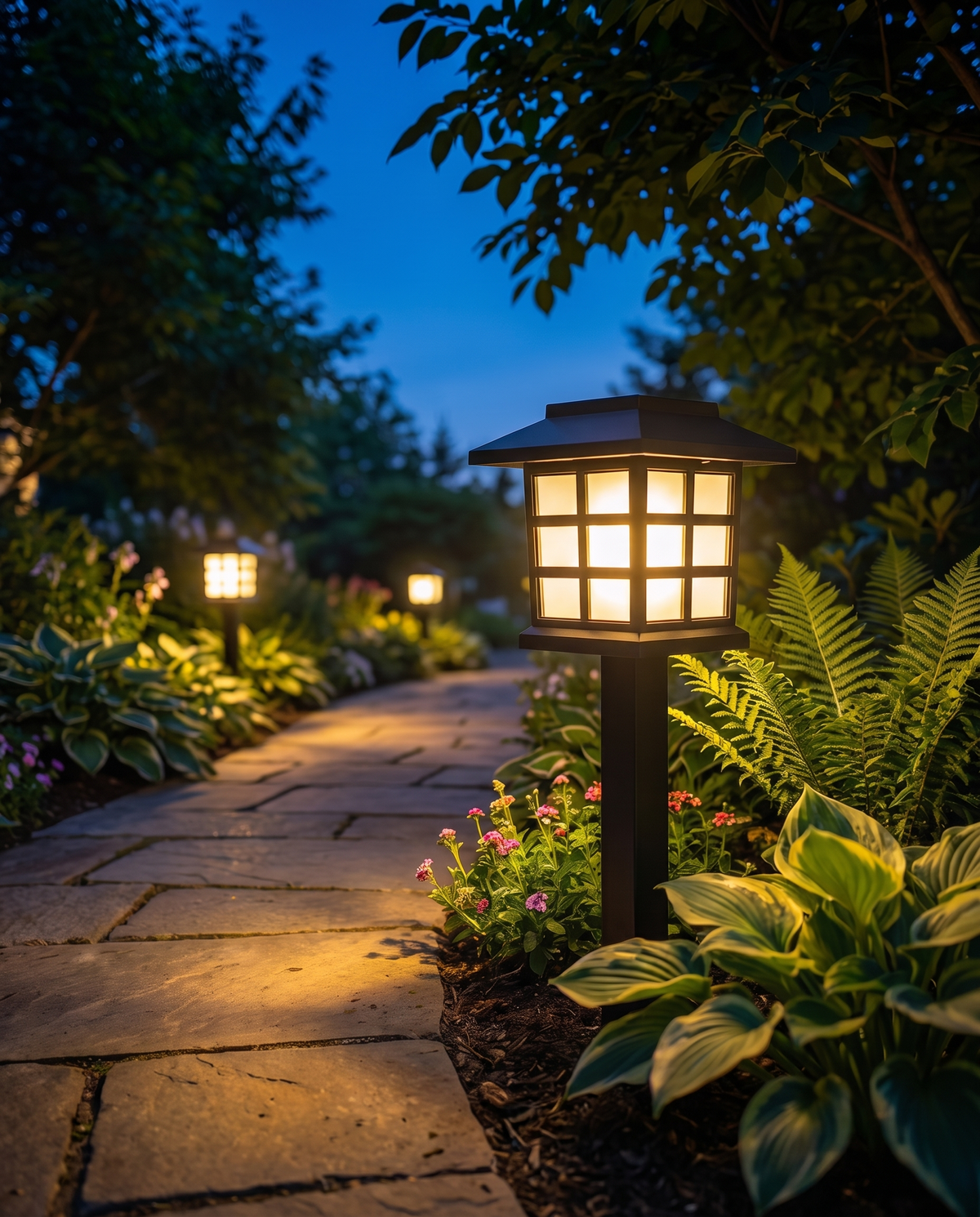 Luxury solar pathway lantern light, close-up dusk garden detail
