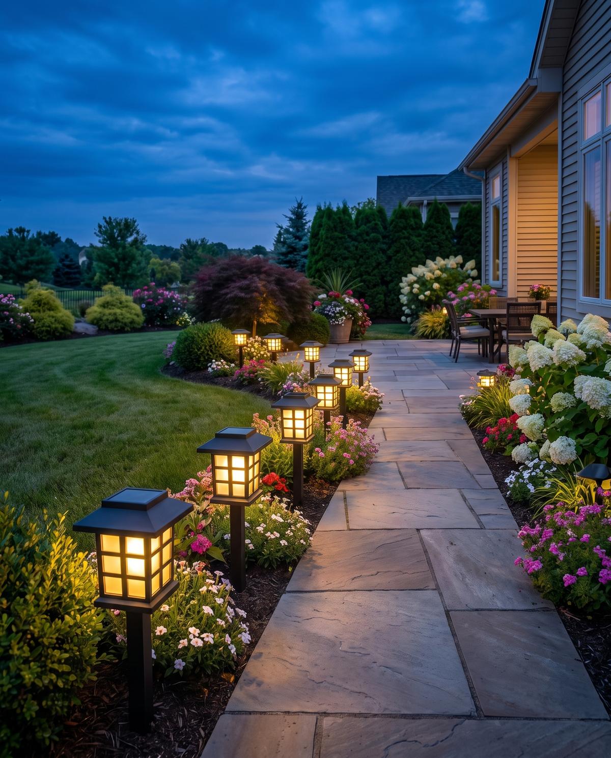 Luxury solar pathway lantern lights lining a flower bed near a patio at dusk