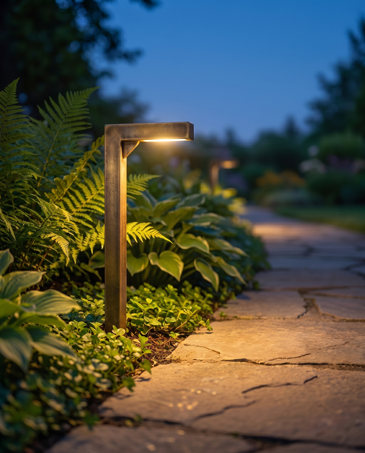 Luxury solid brass landscape path light, close-up dusk garden detail