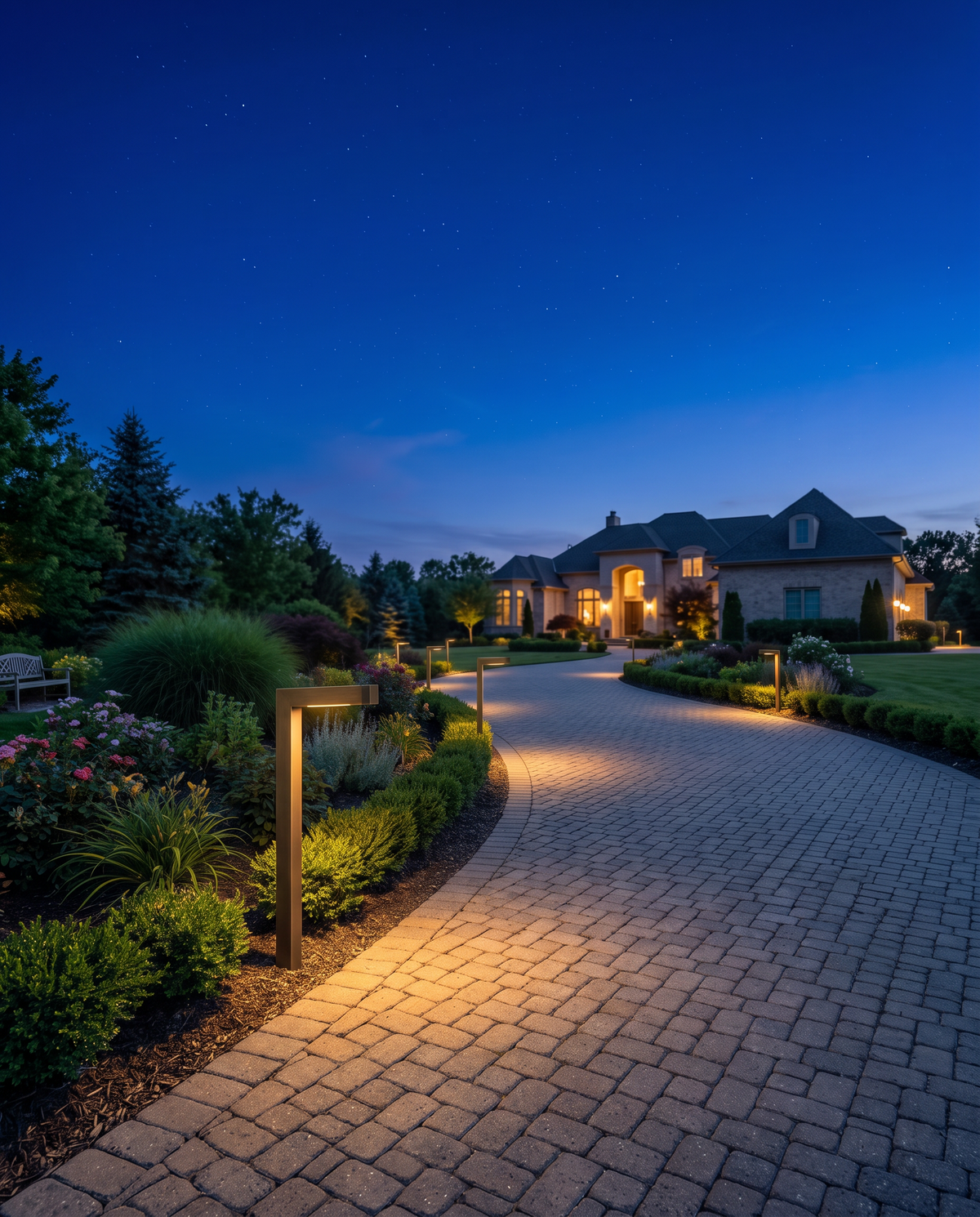 Luxury solid brass landscape path lights lining a driveway edge at dusk