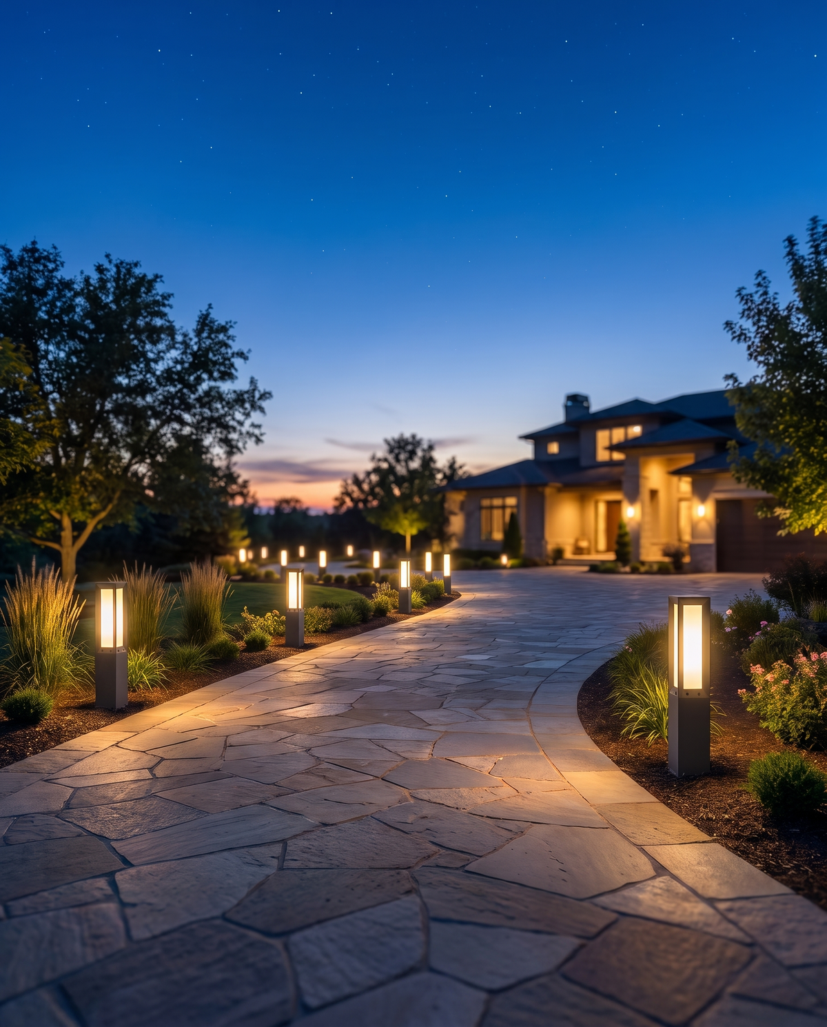 Luxury solar bollard path lights lining a driveway at dusk, wide shot