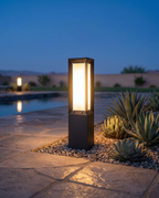Luxury solar bollard path light, close-up dusk detail