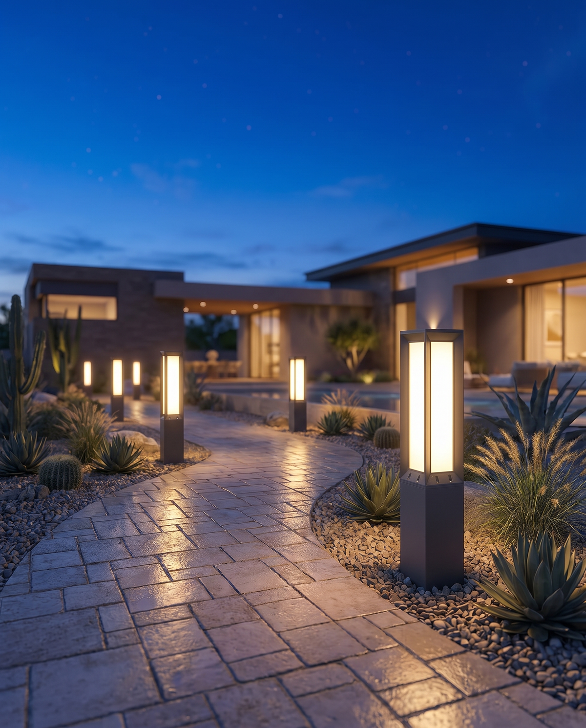 Luxury solar bollard path lights lining a courtyard walkway at dusk
