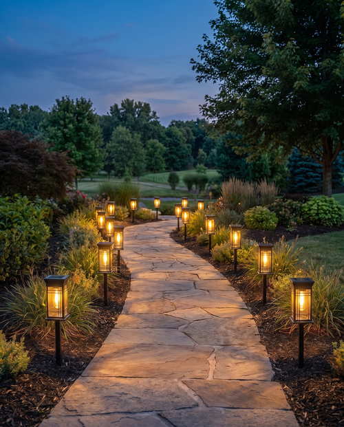Luxury solar pathway lights lining a garden path at dusk, wide shot