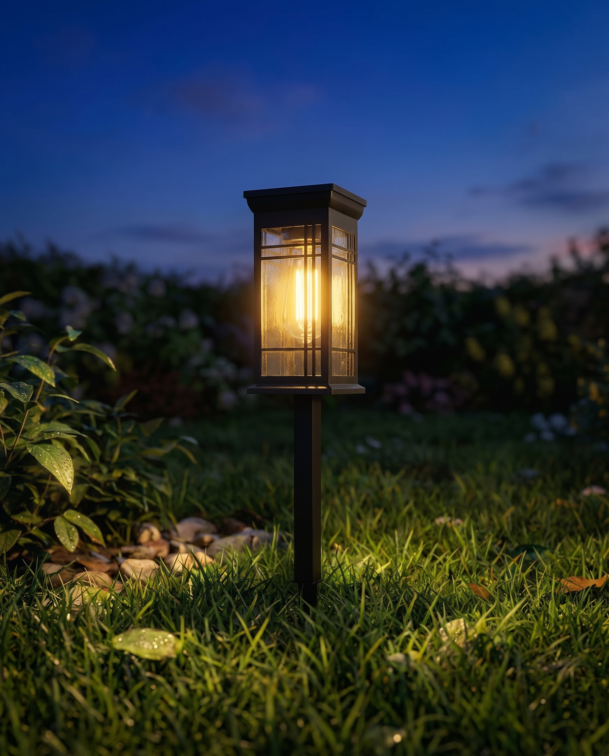 Luxury solar pathway light, close-up dusk garden detail