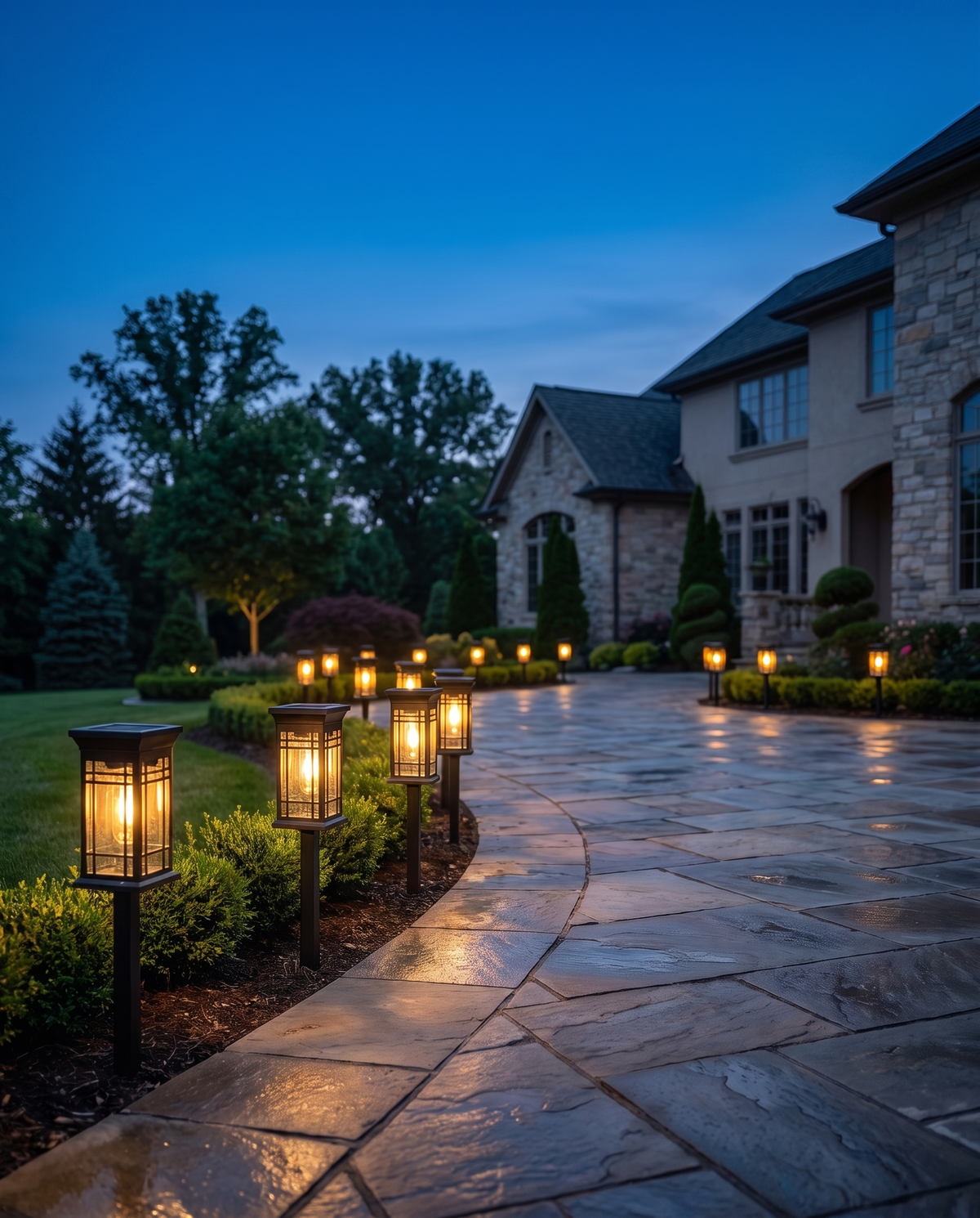 Luxury solar pathway lights lining a patio edge at dusk