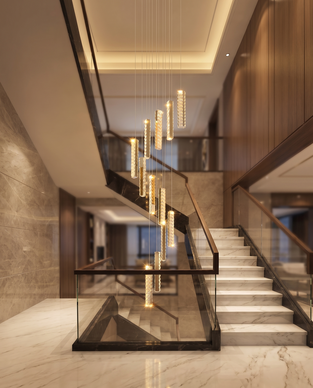 The Celestia crystal staircase chandelier glowing above a grand villa staircase