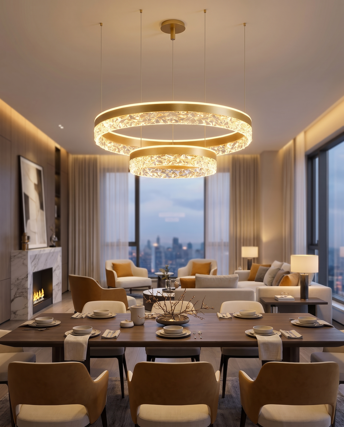 The Halo rings chandelier glowing above a modern dining table