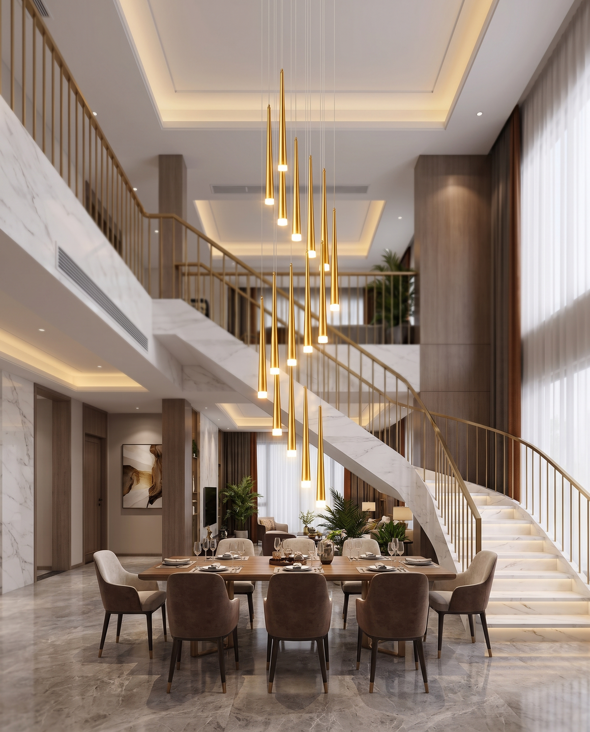 The Meridian long-drop pendant chandelier glowing above an elegant staircase
