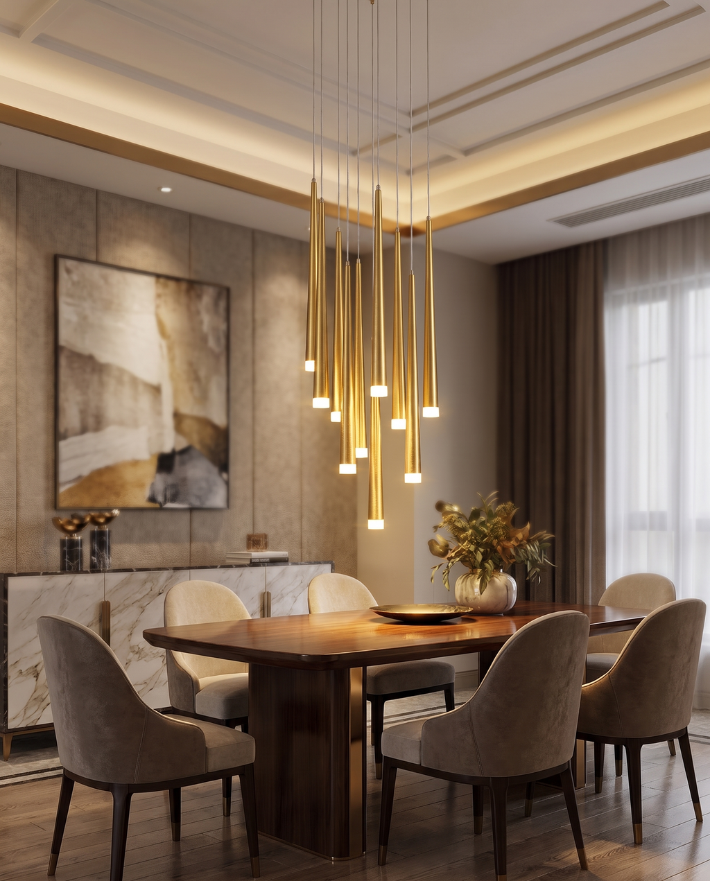 The Meridian long-drop pendant chandelier, close-up gold finish detail in a dining room