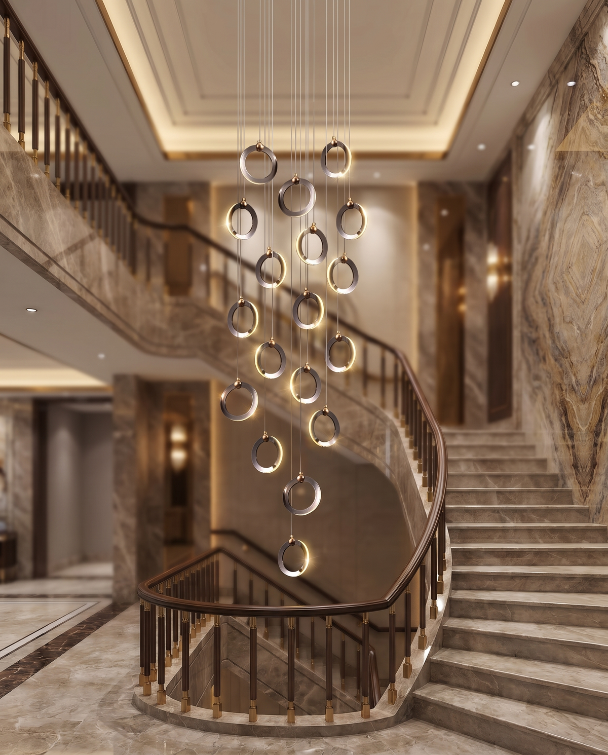The Aurelia Grand Staircase Chandelier glowing above a villa staircase