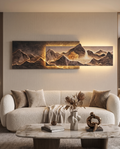 The Aria Backlit LED Wall Art Panel glowing behind a sofa in a modern living room