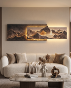 The Aria Backlit LED Wall Art Panel glowing behind a sofa in a modern living room
