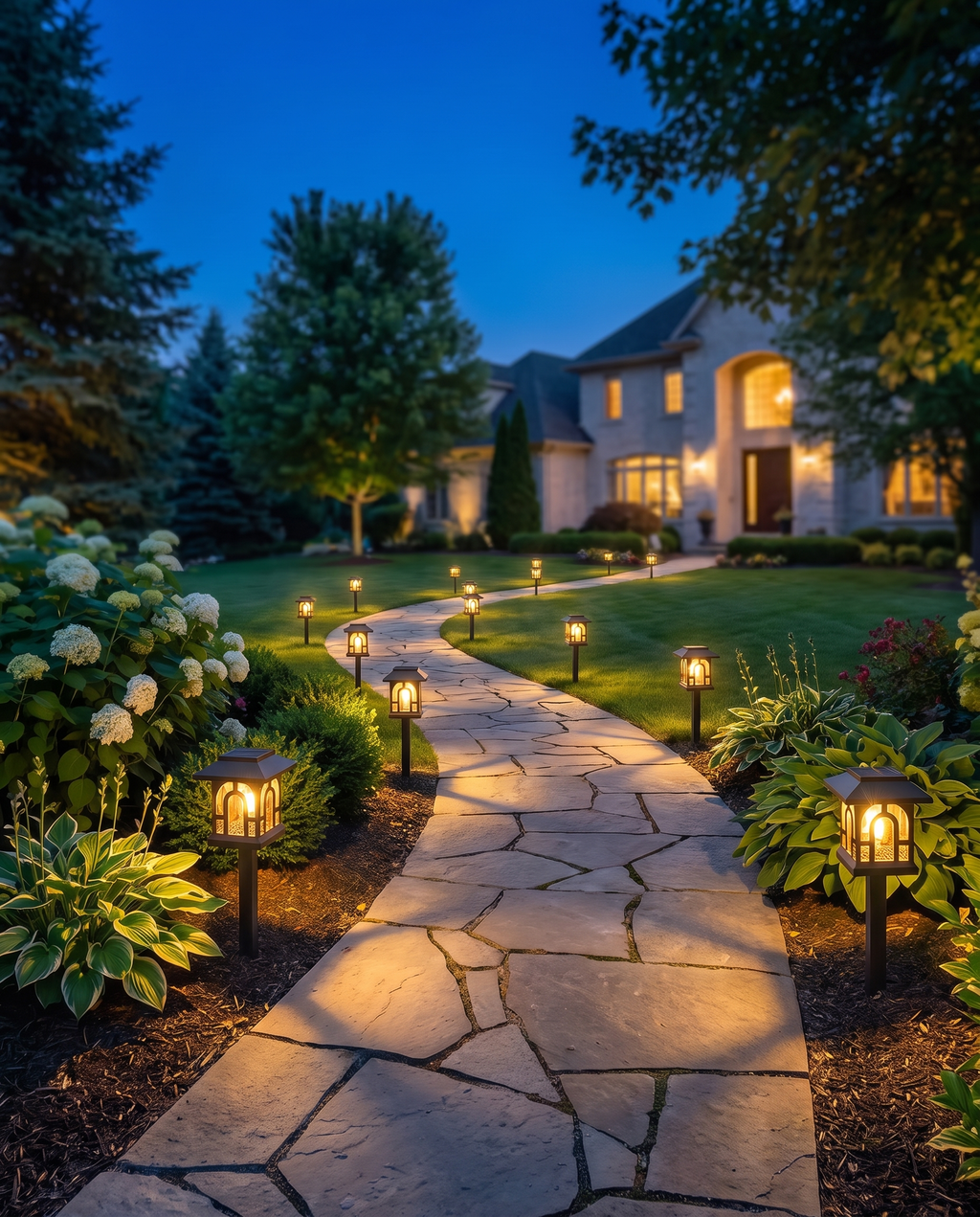 Luxury retro solar garden lanterns lining a garden path at dusk
