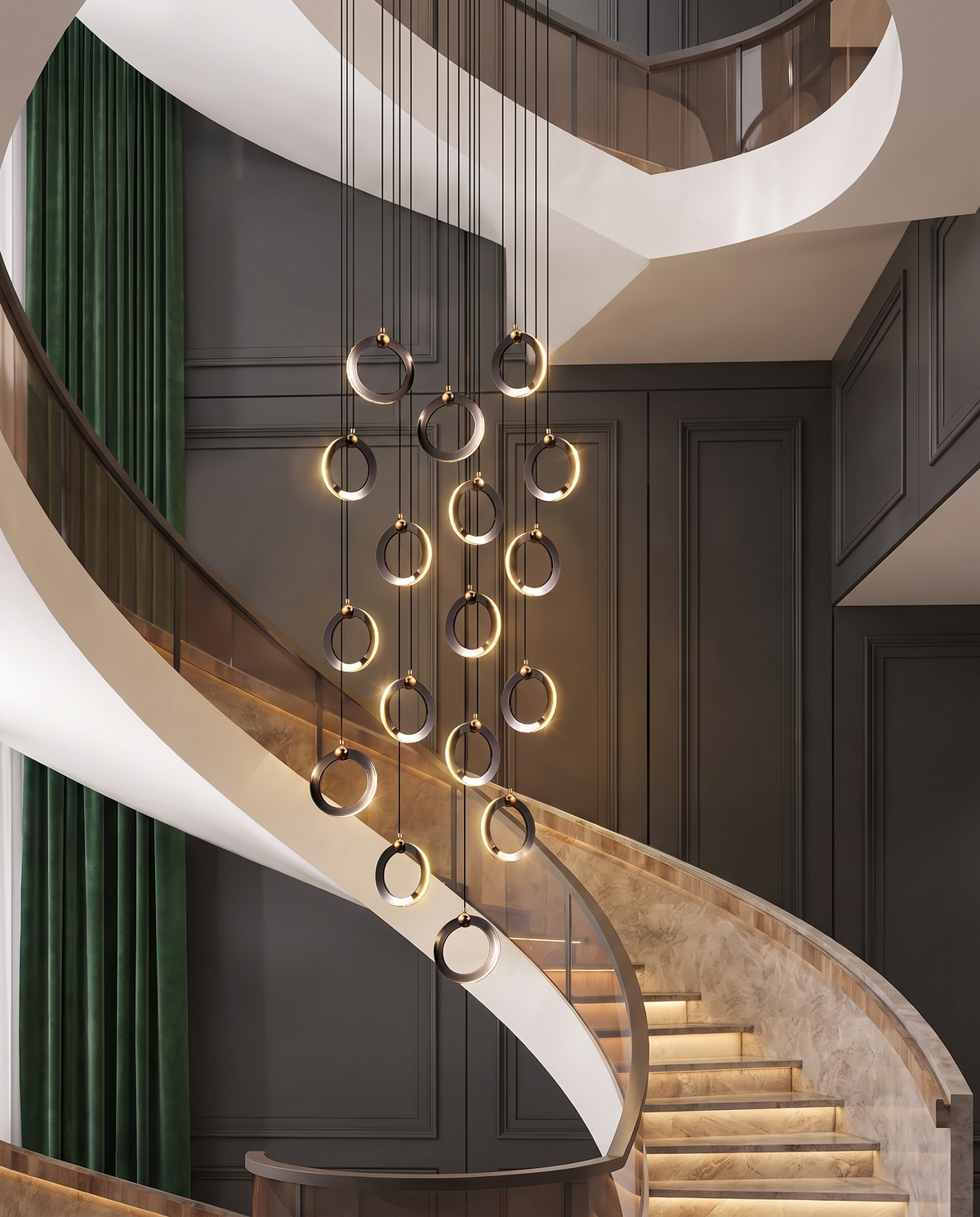 The Lumen Bar Pendant Chandelier, wide bedside table shot