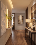 The Terra Sandstone Wall Mural glowing in an elegant entrance corridor