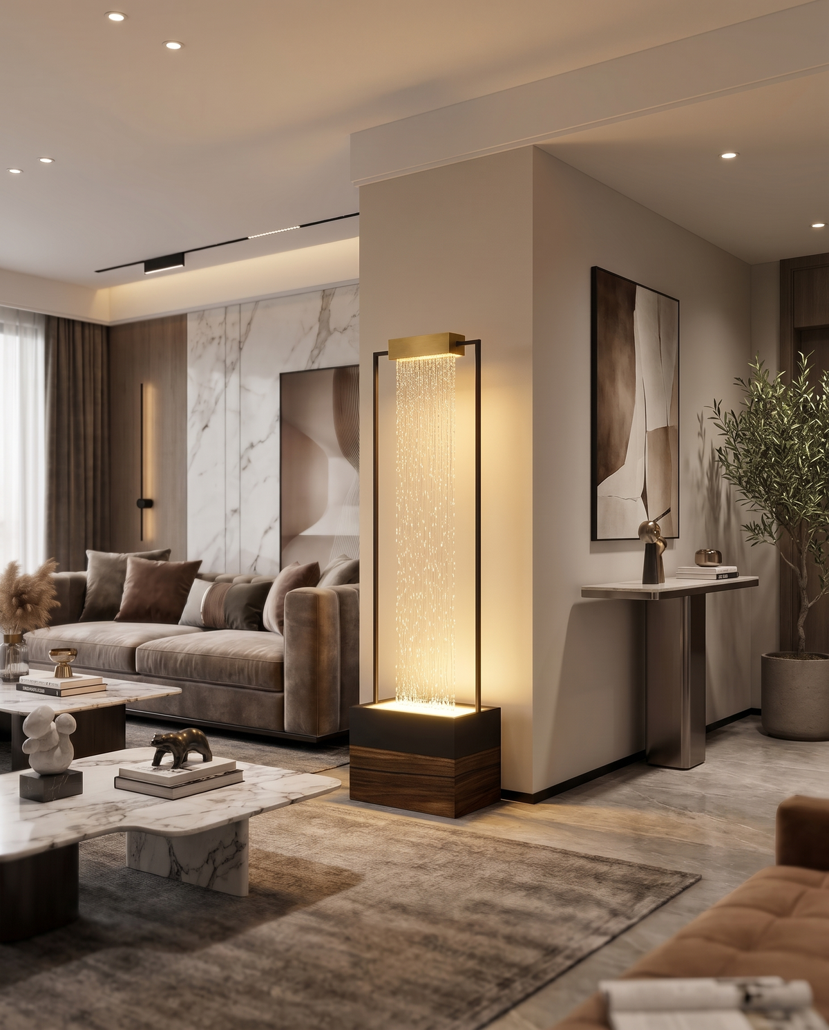 The Cascadia Water Curtain Floor Lamp as a glowing room divider