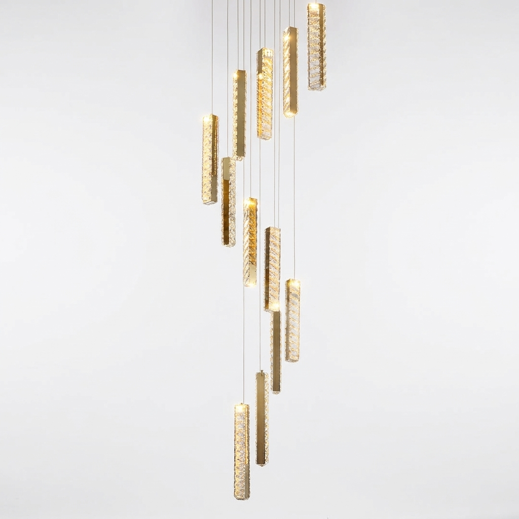 The Celestia Crystal Staircase Chandelier, plain white background product shot